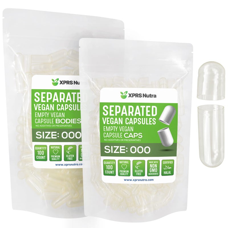 XPRS Nutra Vegan Size 000 Separated Capsules 100 Count Premium Empty Caps Separated in Bags Clear Empty Capsules 000 Pills for DIY Supplement Filling